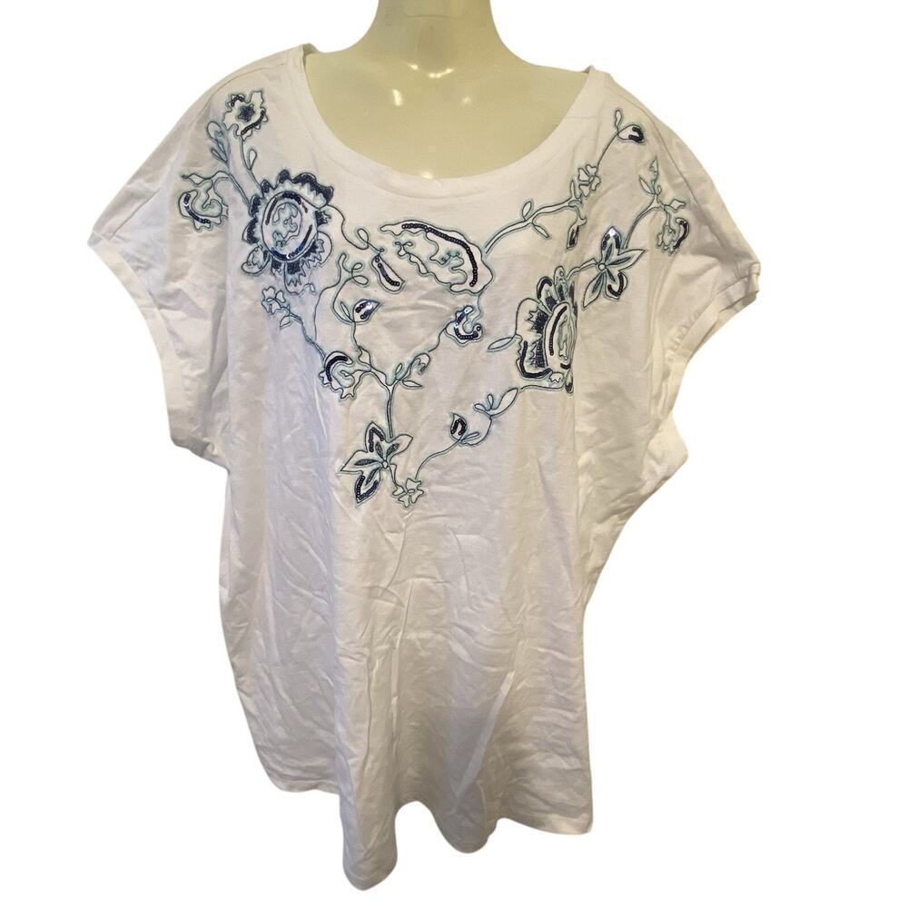 New Laura Scott Women 2X White Cotton Embroidered Sequins Cap Sleeves Shirt Top